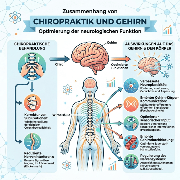 Diagram showing chiropractic treatment correcting spinal subluxations to enhance brain and body functions