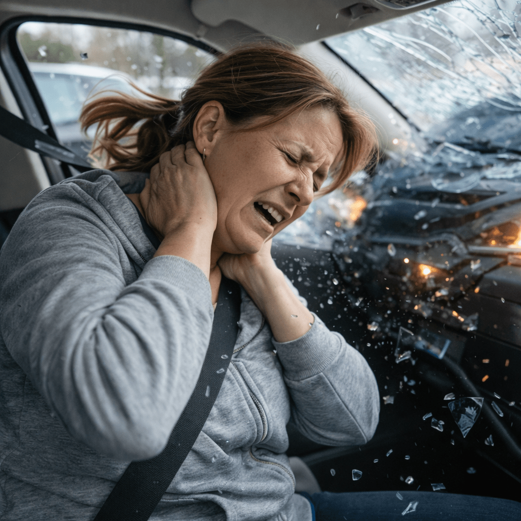 Woman in car holding neck in pain as front windshield shatters in crash
