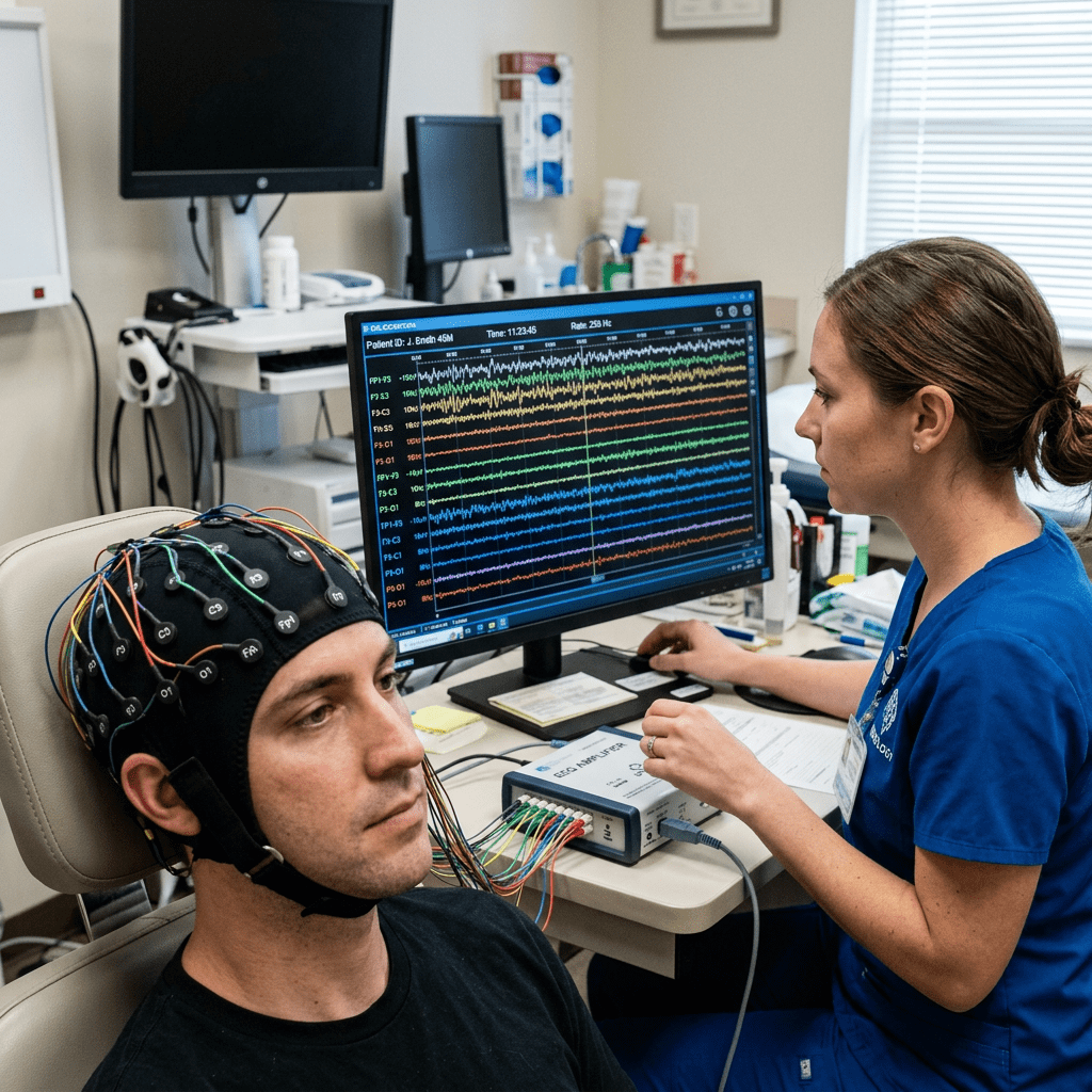 Man wearing EEG cap with electrodes, technician viewing brainwave data on computer.